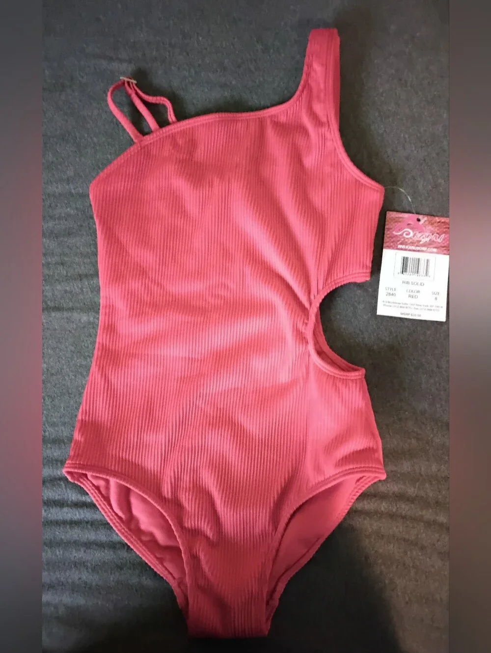 Kanu Surf Girls Size 8 Red Ribbed One Shoulder Cutout Swimsuit NWT